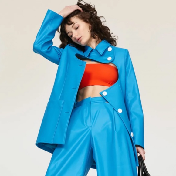 Nina Ricci Jackets & Blazers - Nina Ricci Asymmetric Cutout Faux Leather Button Front Collared Blazer Blue 34